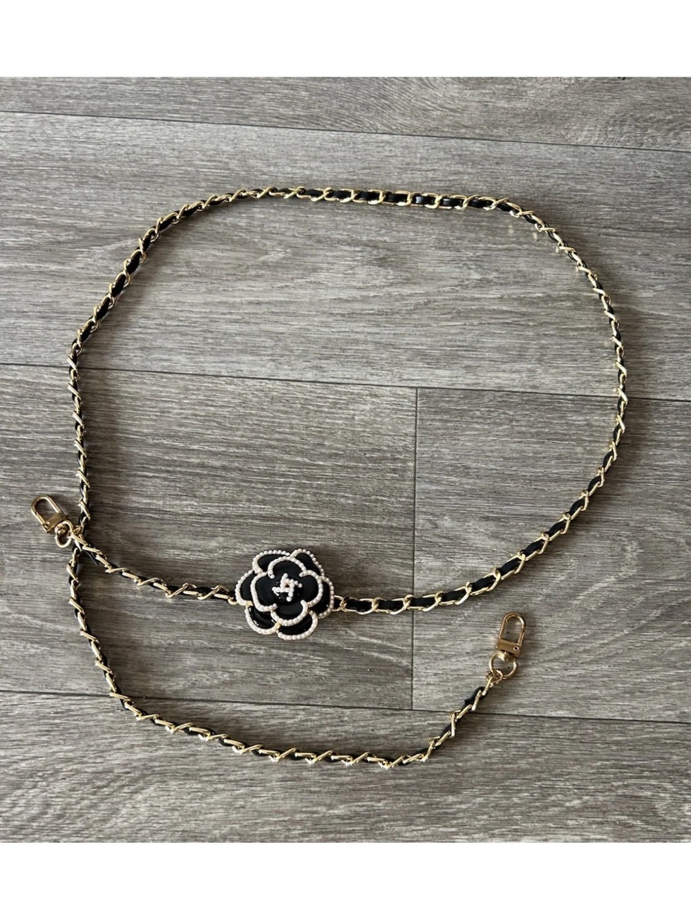 Y2K Black Flower Chain Belt Gold Faux Pearl Leather Chain Purse Strap